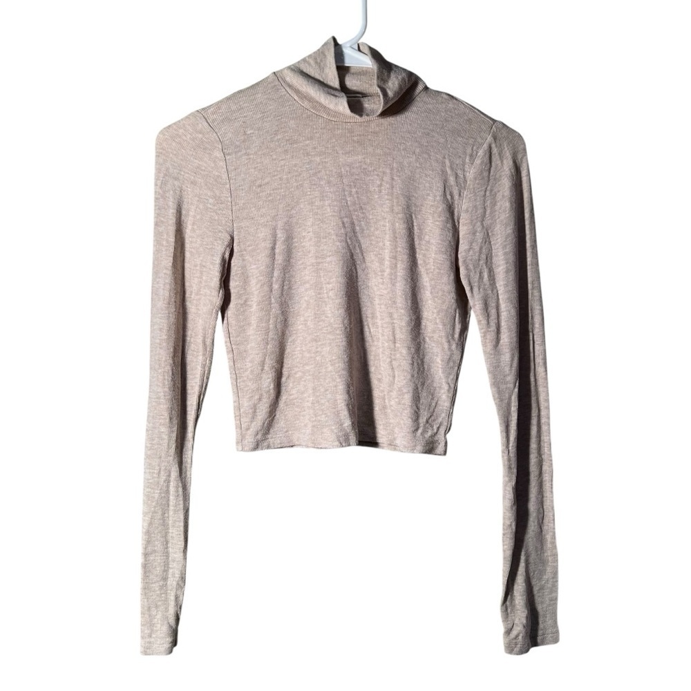 Wilfred Aritzia Women's Size Small Mock Neck‎ Crop Top Beige Ribbed Long Sleeve